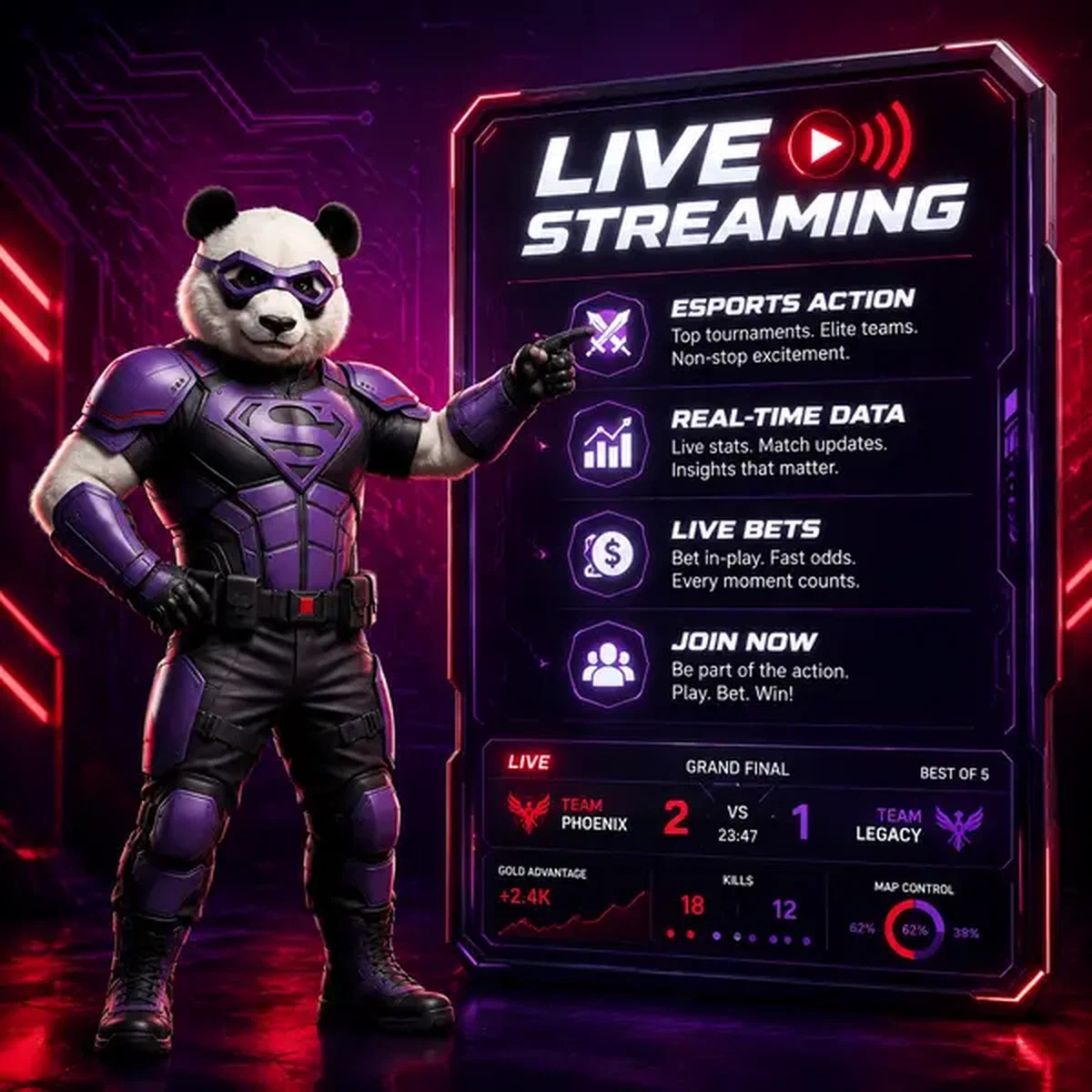 Bruno le Panda champion pointant vers l'affichage des paris esport à l'arène en direct Bruno Gaming