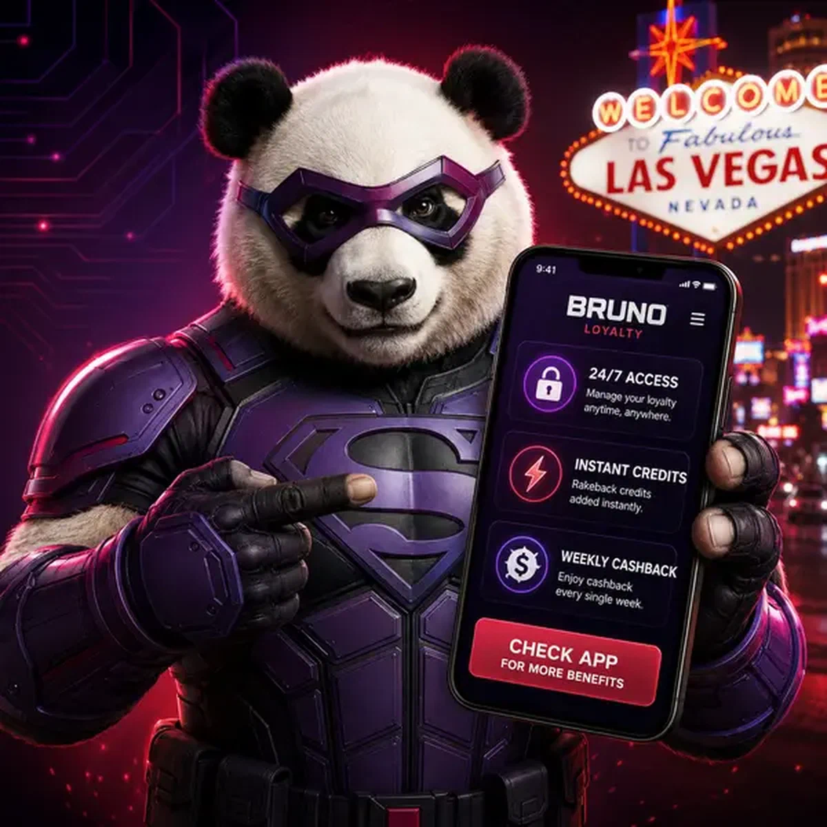 Bruno le Panda présentant les notifications de l'application mobile pour les récompenses de fidélité instantanées
