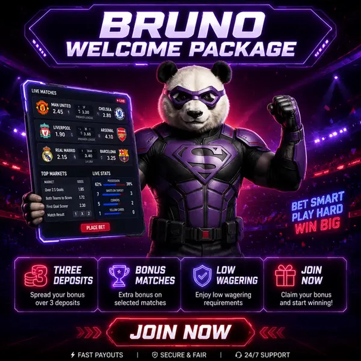 Bruno de Panda houdt zelfverzekerd virtueel sportweddenschappen bord vast bij Bruno Sportweddenschappen arena