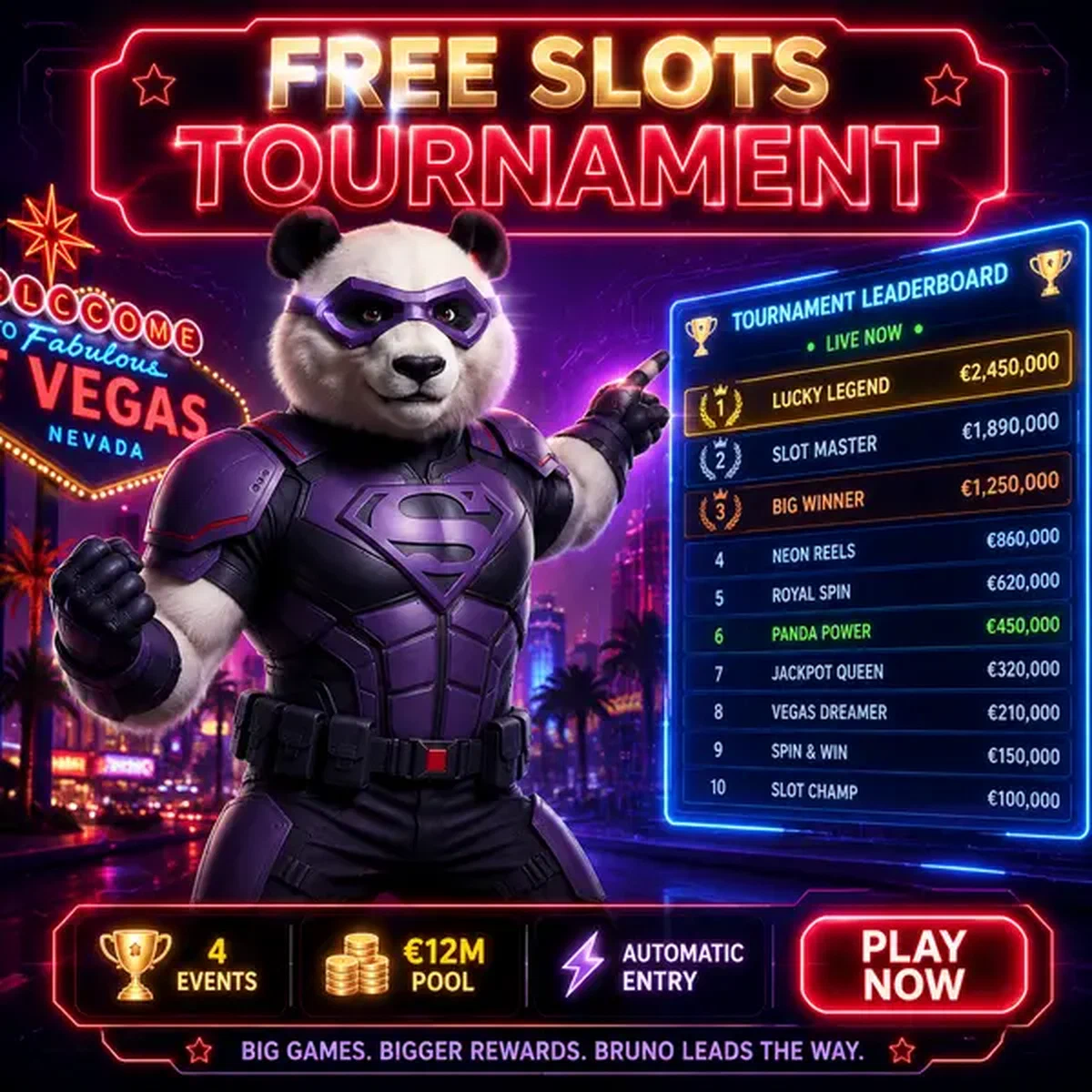 Bruno le Panda prêt pour l'action des tournois de machines à sous au classement Bruno Casino