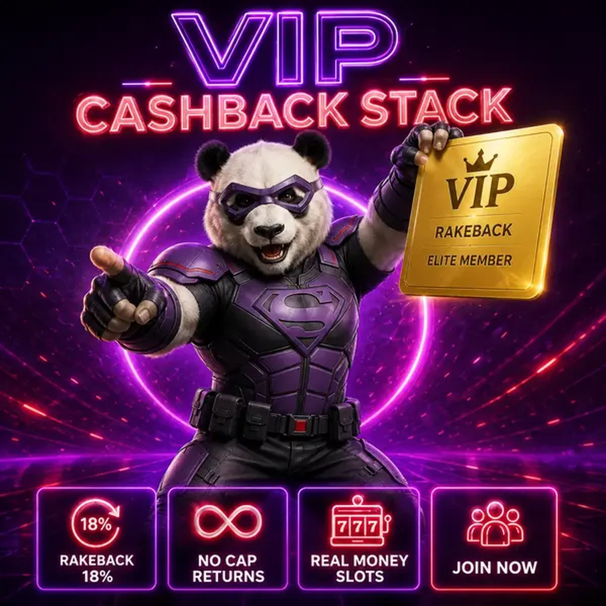 Bruno le Panda présentant la carte bonus VIP Cashback Stack dans un boulevard de casino éclairé au néon