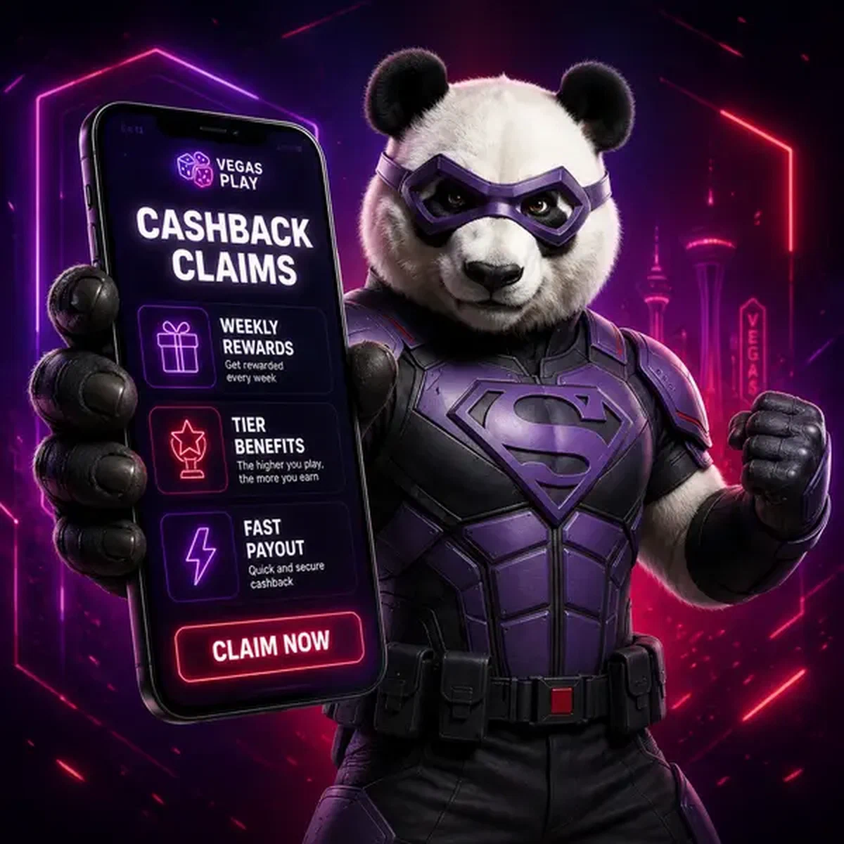 Bruno le Panda présentant les réclamations de cashback hebdomadaire sur smartphone au portail de connexion Bruno Casino