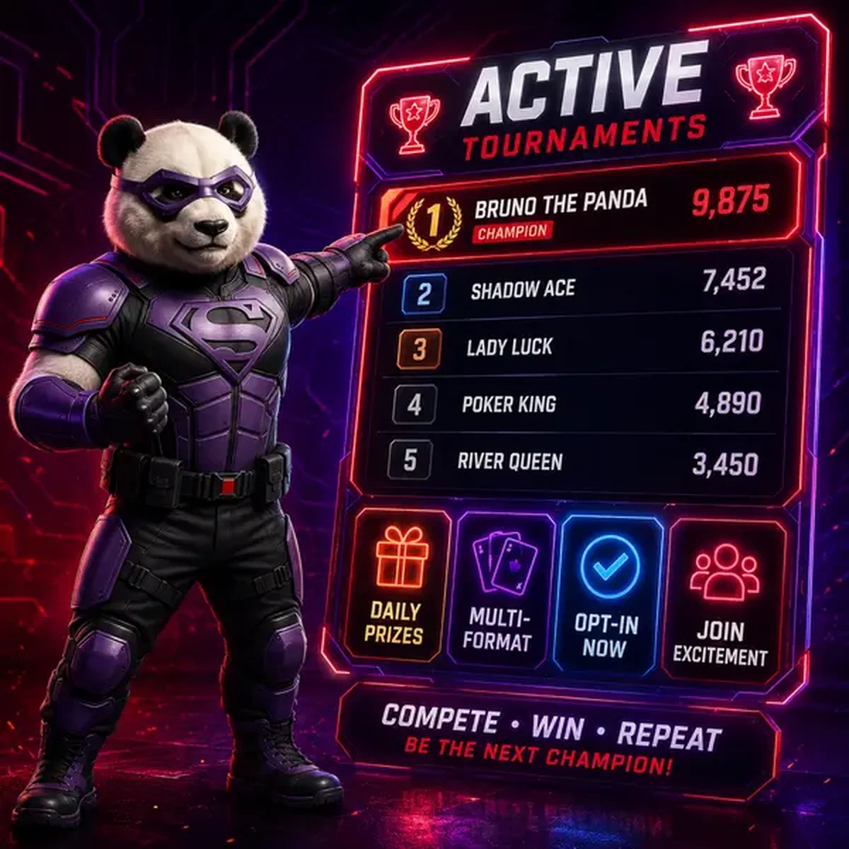 Bruno le Panda pointant le classement du tournoi alors qu'un joueur rejoint les tournois actifs et les prize drops