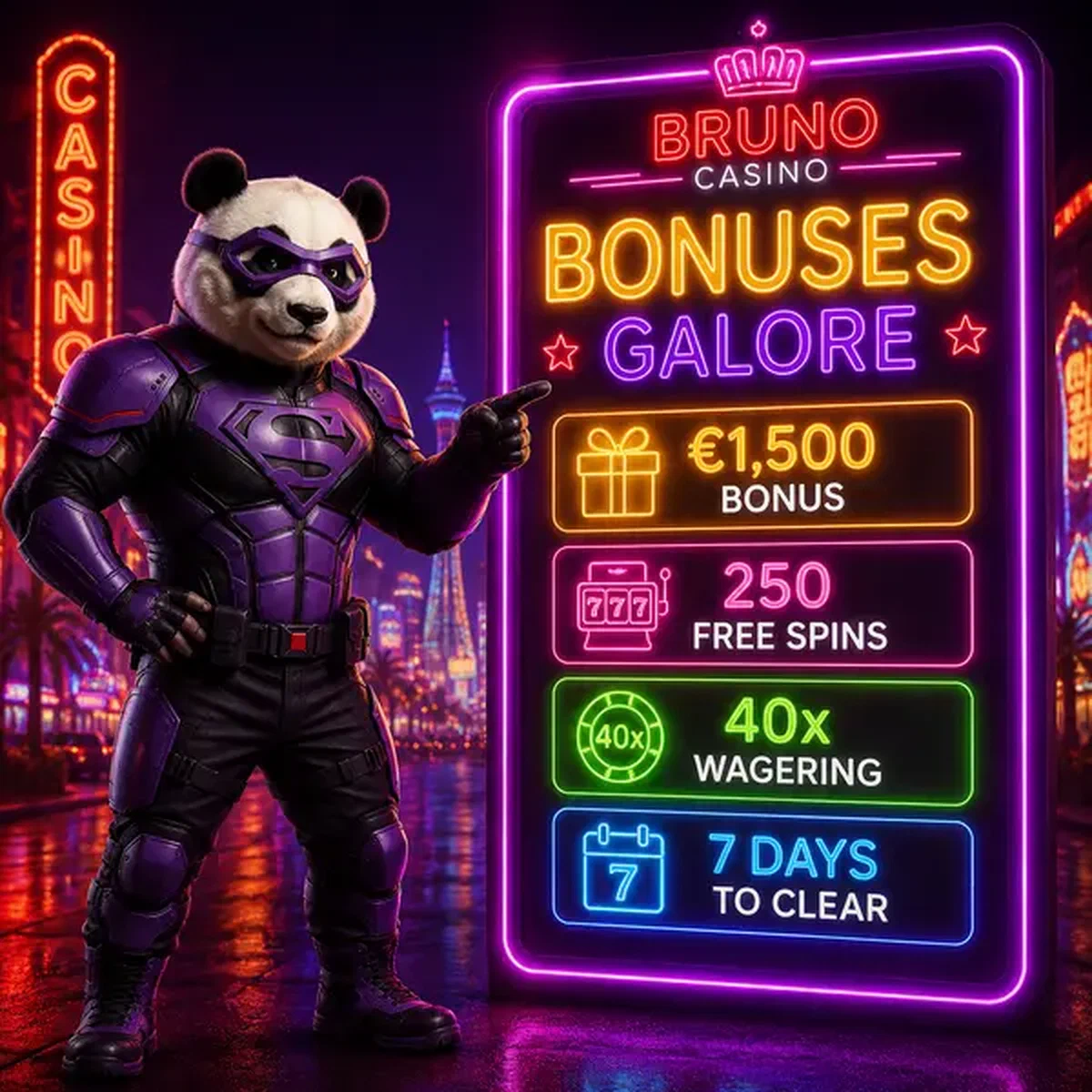 Bruno le Panda présentant les offres de bonus à l'affichage promotionnel de Bruno Casino