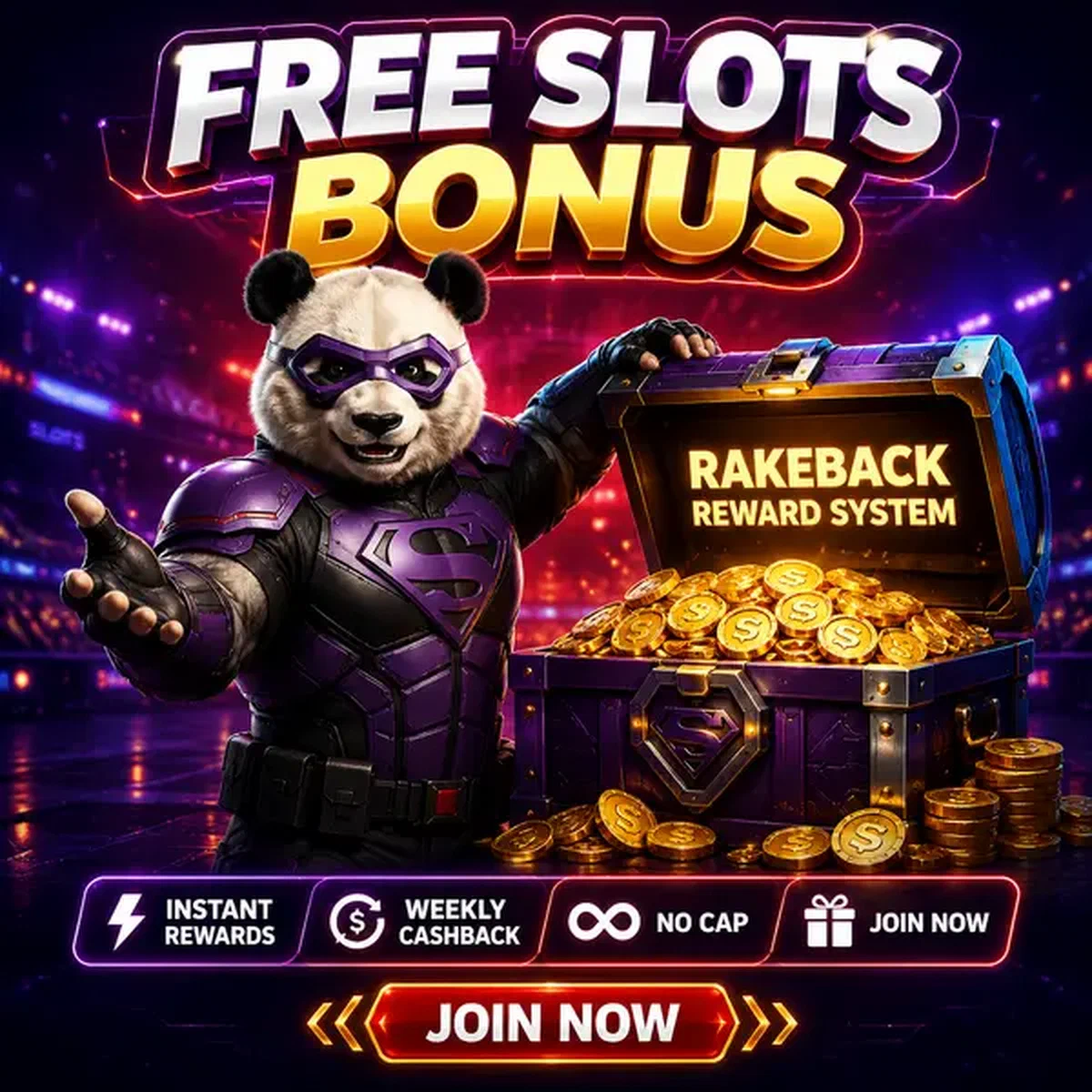 Bruno le Panda révélant un coffre au trésor de récompenses de machines à sous gratuites chez Bruno Casino