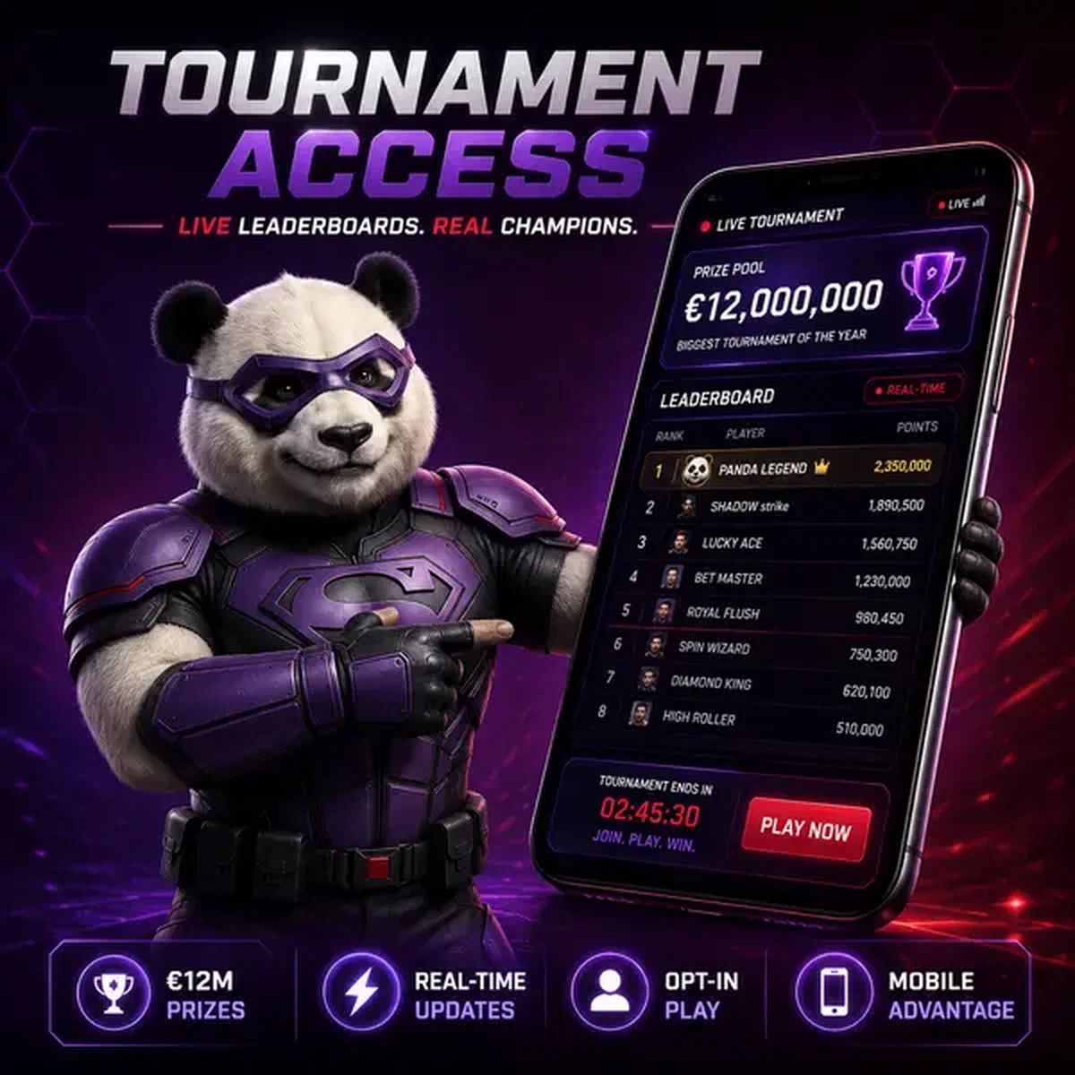Bruno le Panda pointant vers les classements de tournois sur l'écran de l'application Bruno Casino