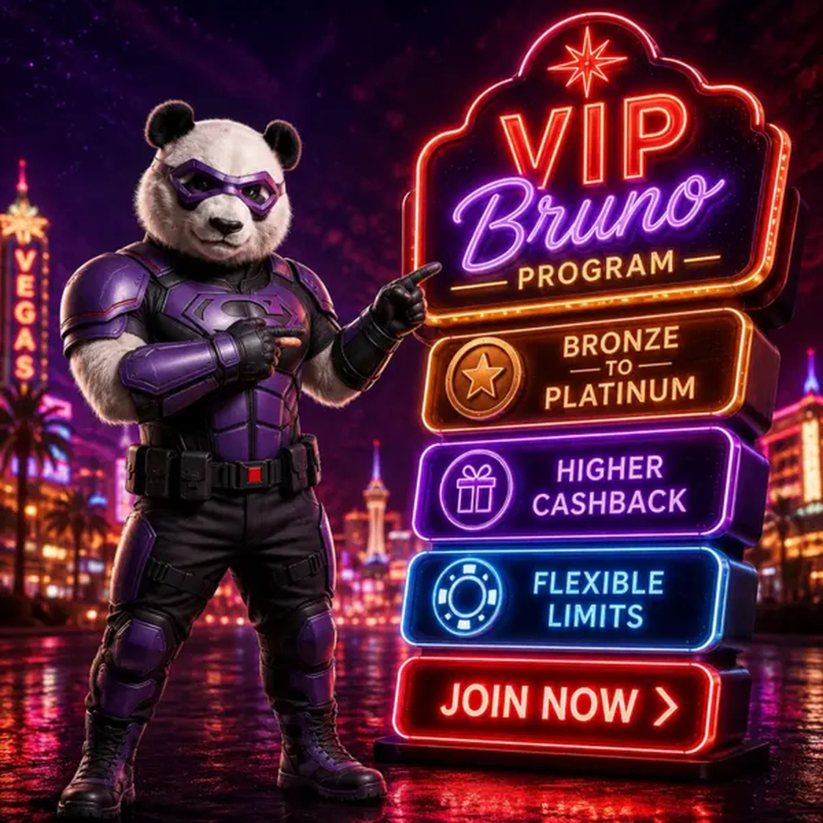 Bruno le Panda faisant un geste vers les niveaux du programme d'affiliation VIP Bruno avec un décor Vegas néon en arrière-plan
