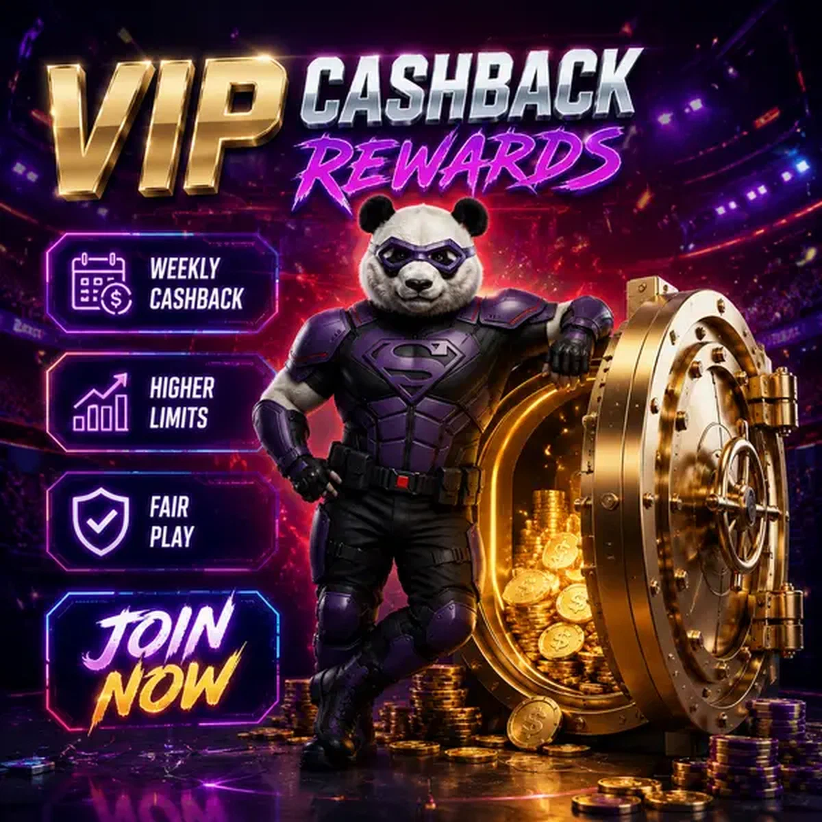 Bruno le Panda en armure tactique à côté d'un coffre-fort doré aux récompenses hebdomadaires de paris esport Bruno