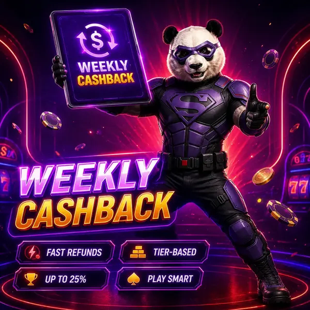 Bruno le Panda présente les récompenses de cashback hebdomadaire au centre de bonus Weekly Cashback Rhythm & Claim Windows