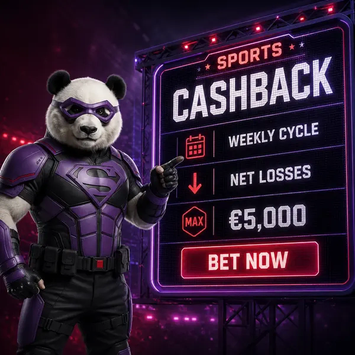 Bruno de Panda wijst naar sportweddenschappen scorebord dat Wekelijks Sportcashback Systeem beloningen toont