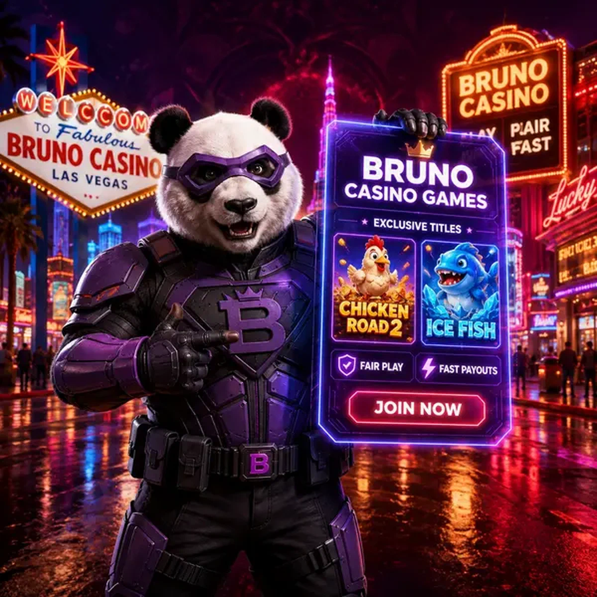 Bruno le Panda présentant les Jeux Bruno Casino sur tablette holographique dans un décor Vegas néon