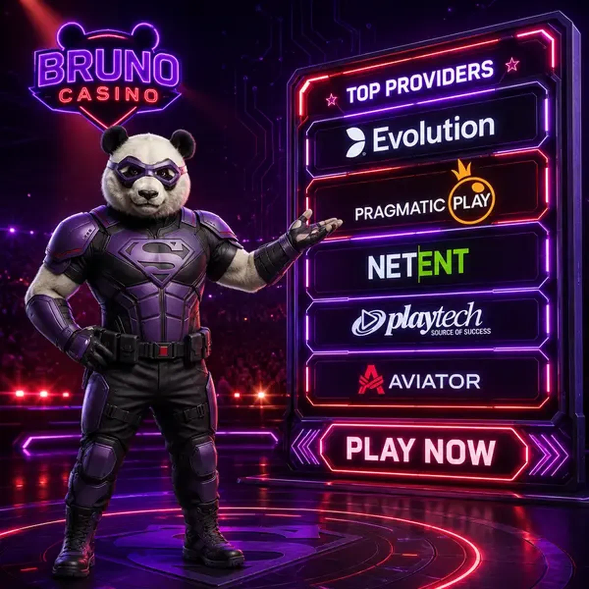 Bruno le Panda présentant les meilleurs fournisseurs de logiciels à l'arène de jeu en direct de Bruno Casino