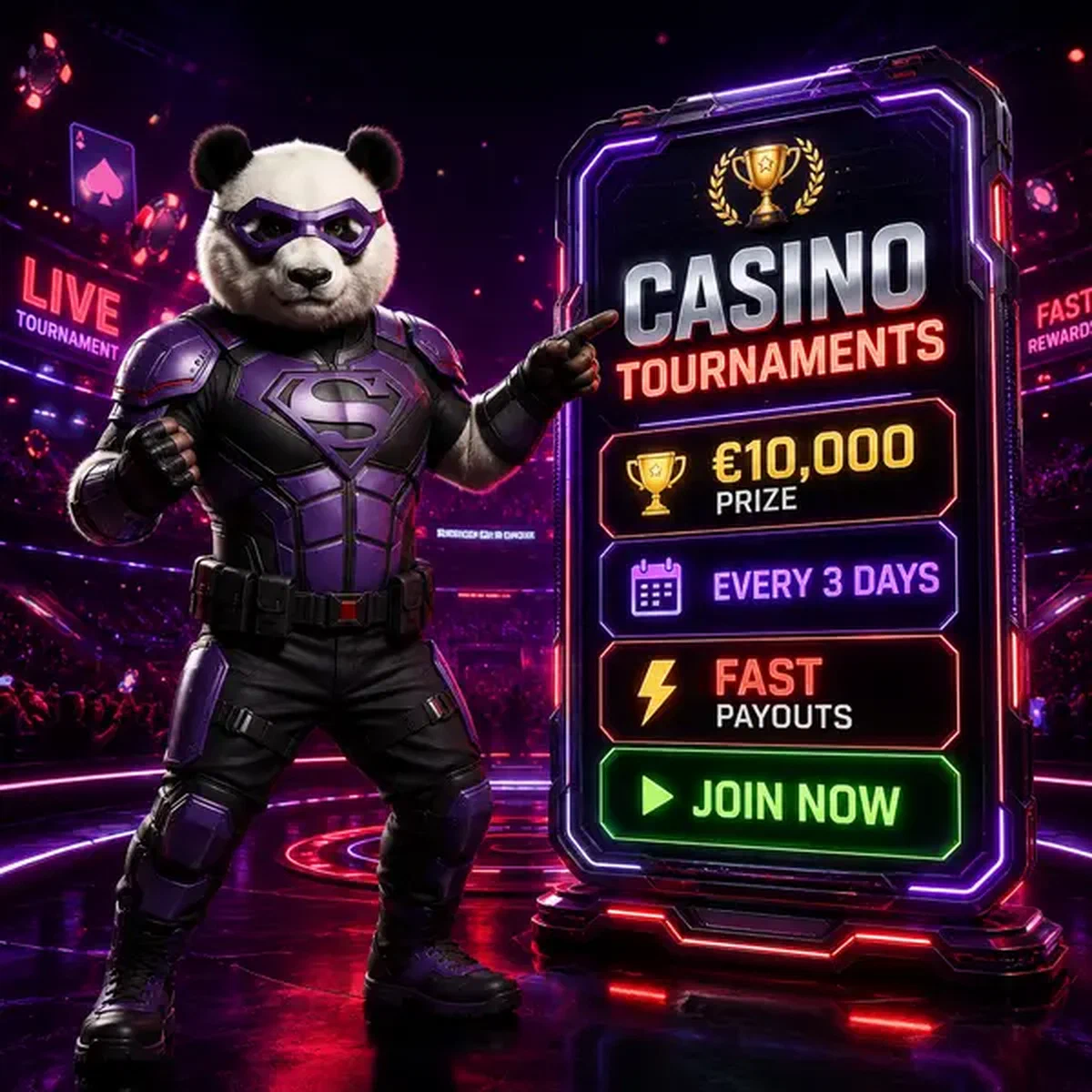 Bruno le Panda présentant le tableau des scores du tournoi à Bruno Casino avec mises à jour des prix