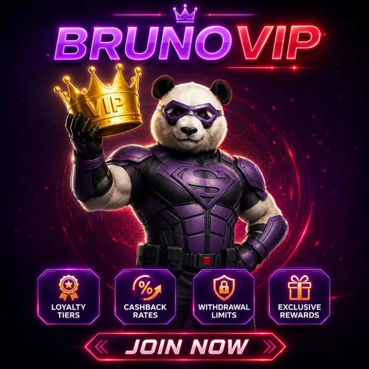 Bruno le Panda présentant la couronne VIP à l'entrée du programme de fidélité Bruno VIP Casino