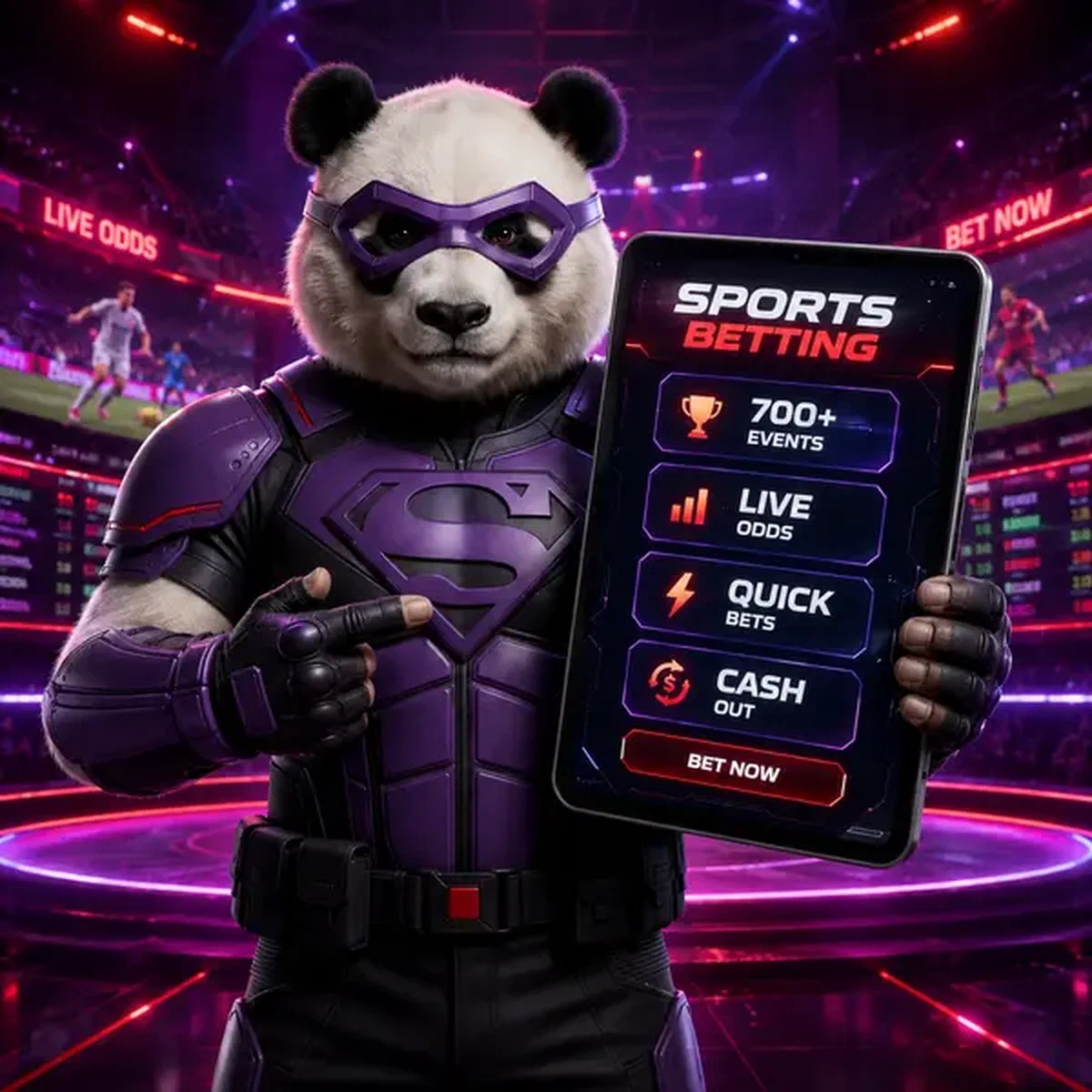 Bruno der Panda präsentiert Bruno Casino Sportwetten mit Live-Quoten auf futuristischem Tablet